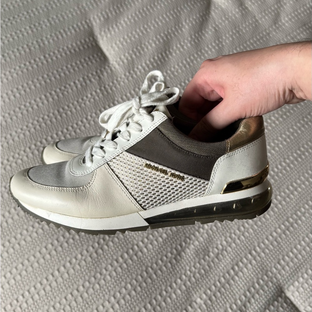 Michael Kors women’s White, Gray, olive green and Gold Leather Mesh Trainer